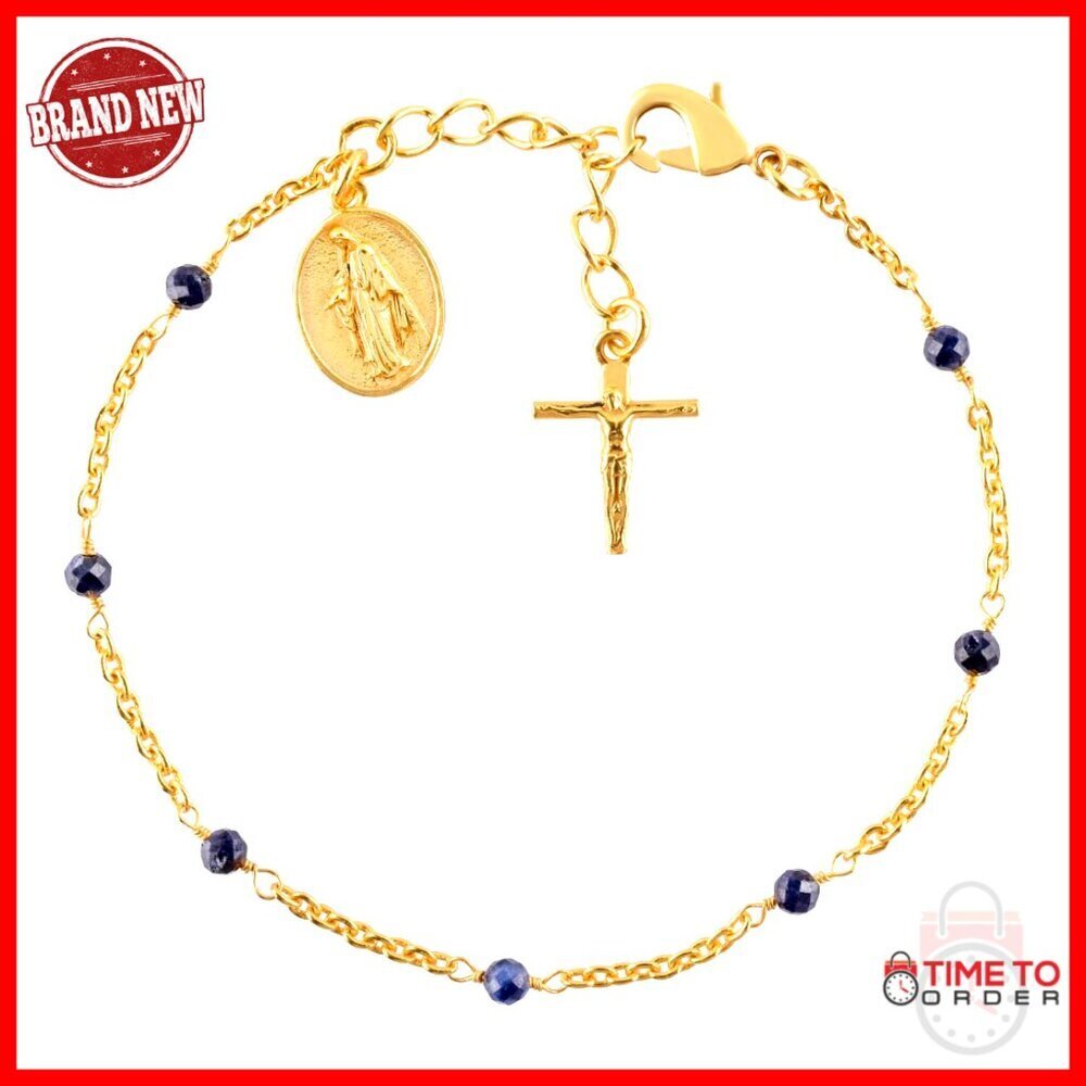 18K Gold Plated Gemstone Bracelet with Virgin Mary Cross Charm 8 Inch